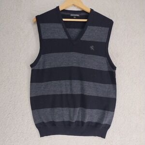 Express Design Studio Sweater Vest Mens L Striped V-Neck Black Gray Logo